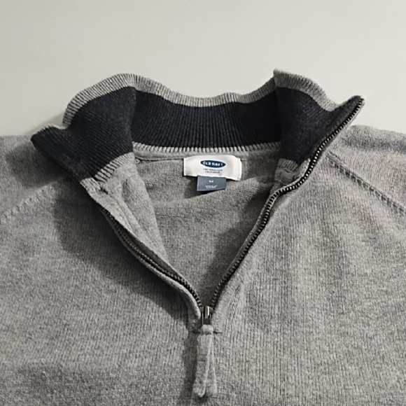 Gray 100% Cotton 1/4 Zip Up Sweater with High Collar Ribbed Cuffs & Hem - Picture 6 of 10